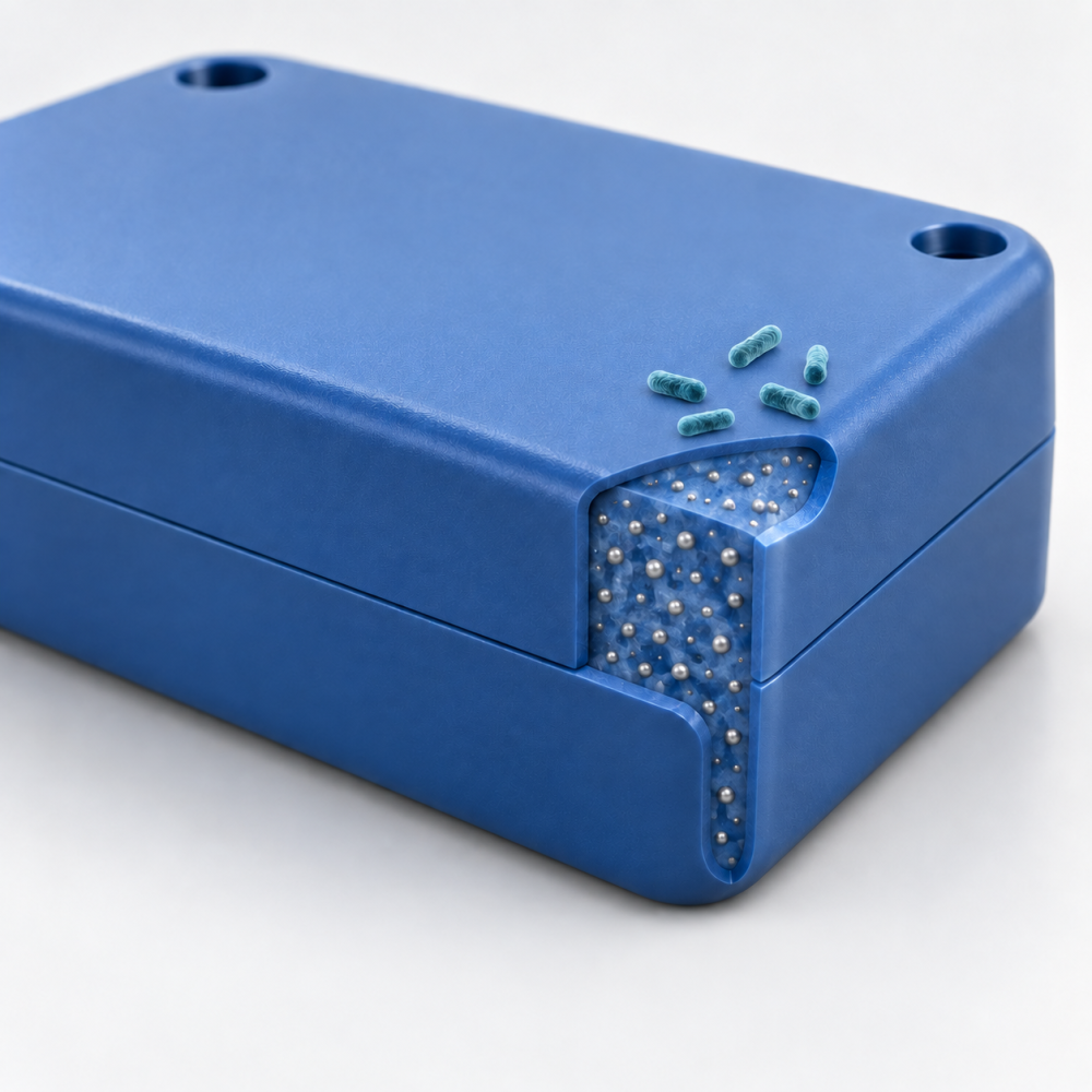 Plastic pellets beside blue and white moulded polymer components.png